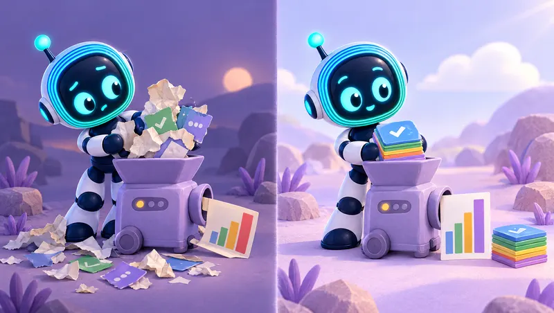 3D cartoon split: messy cards fed to a machine make an uneven chart; sorted cards fed to the same machine make a steady one.