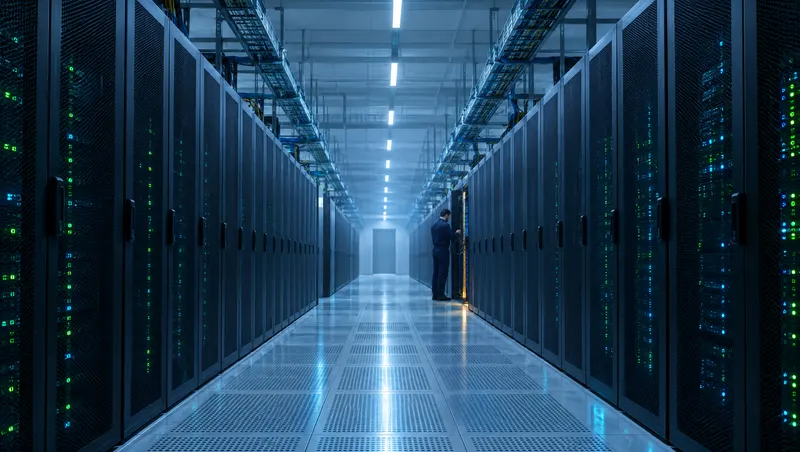 Long data centre aisle between dark server racks with green and blue status lights; a technician checks cables far down it.