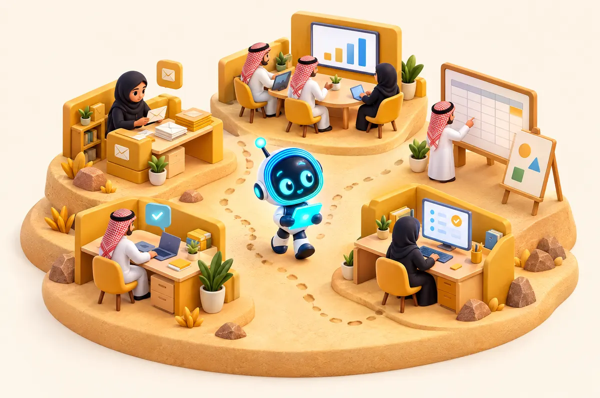 مجسم ثلاثي الأبعاد لمكتب صغير فيه أركان للبريد والاجتماعات والجداول والتصميم، وO-bot يتنقل بينها.