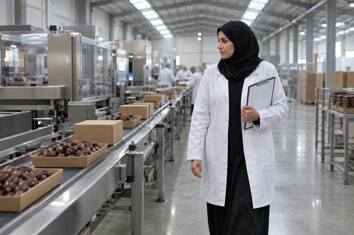 A Saudi woman supervisor in an abaya and white coat walks beside a date-packing line, holding a clipboard.