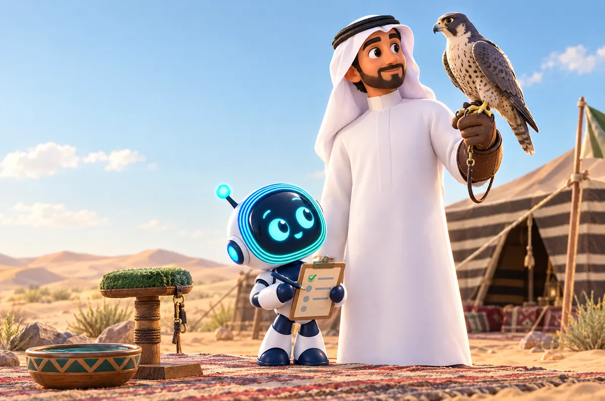 3D cartoon: a falconer in a thobe holds a calm falcon on a leash at a desert camp as O-bot ticks a checklist.