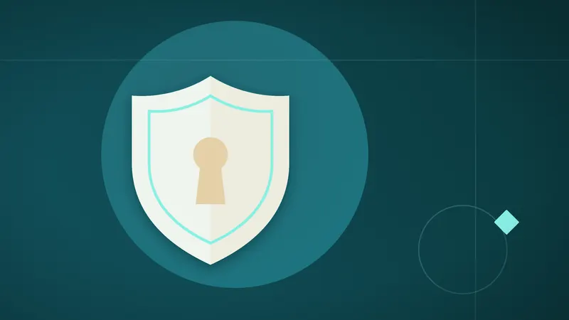 Abstract teal composition of a pale shield with a keyhole at its centre, set on a large circle