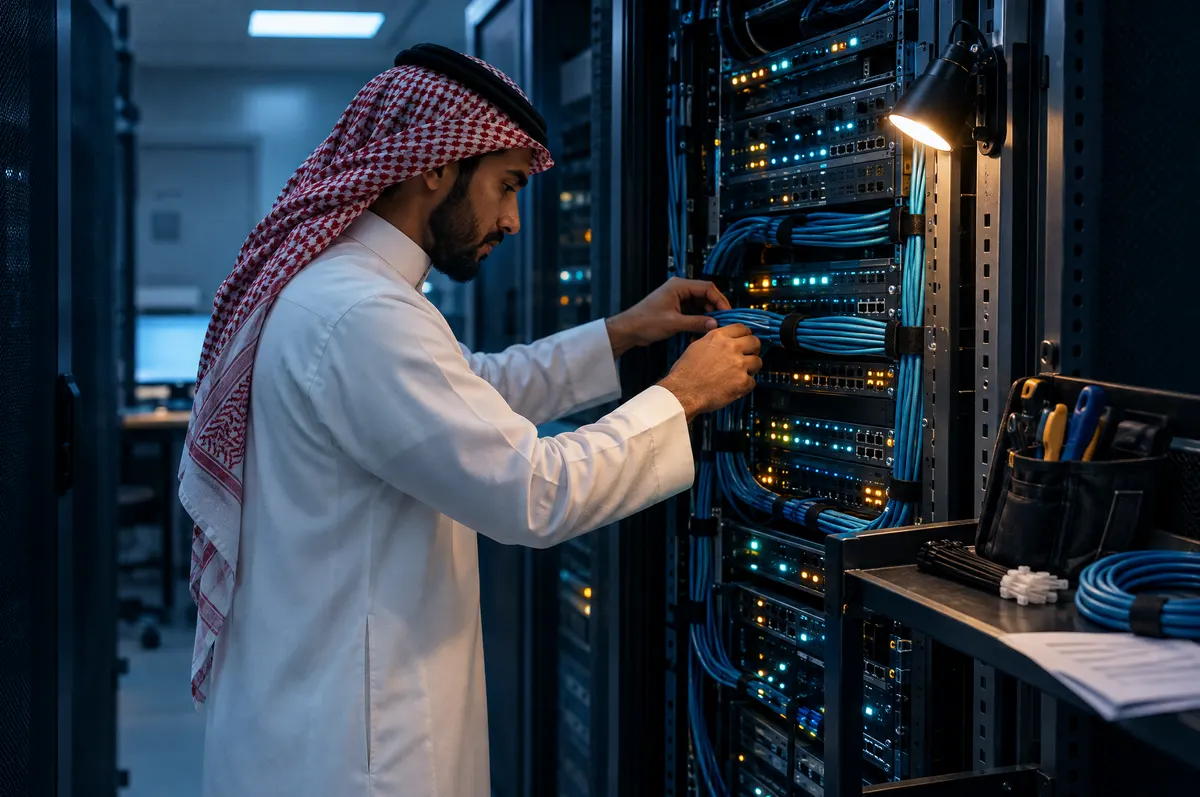 فني سعودي بثوب يعيد ترتيب كابلات الشبكة في خزانة مفتوحة تضيئها مصابيح حالة صغيرة.