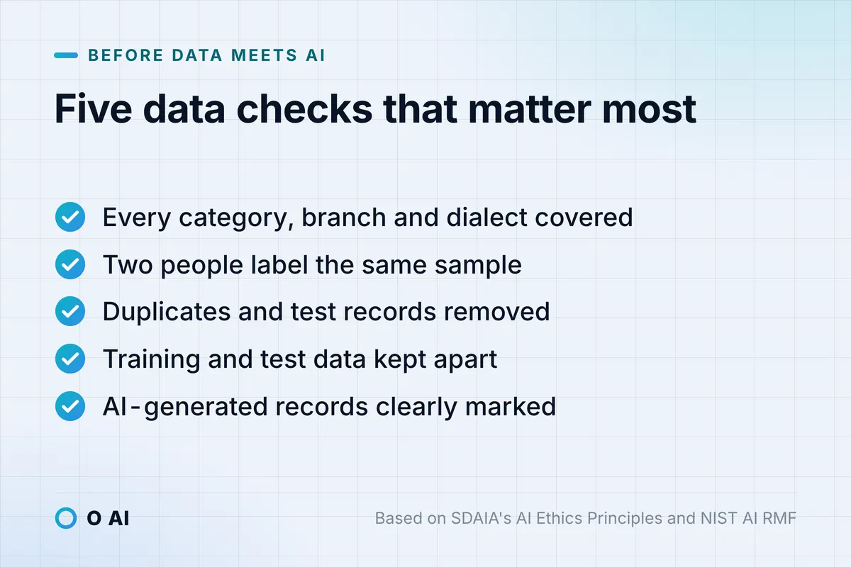 Card: five data checks: coverage of every case, double labelling, no duplicates, separate test data, mark AI records.