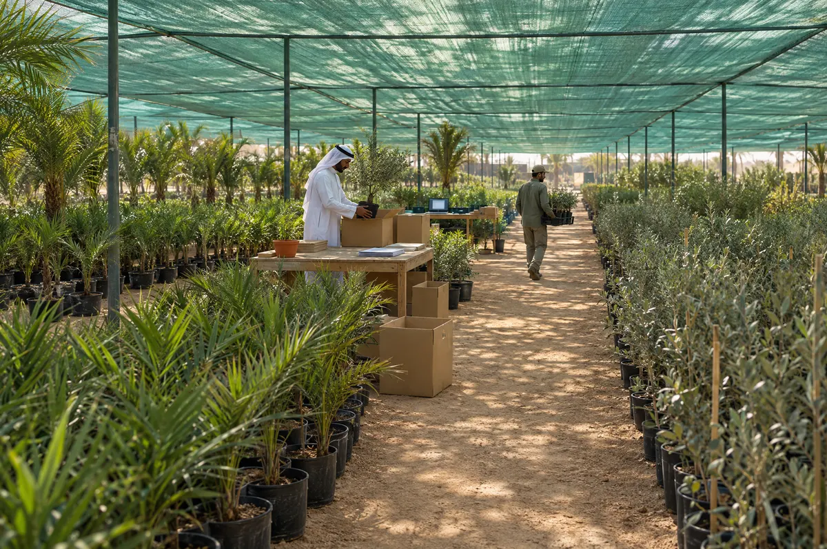 Wide view of a shade-net plant nursery with rows of potted saplings and workers packing a plant into a box.