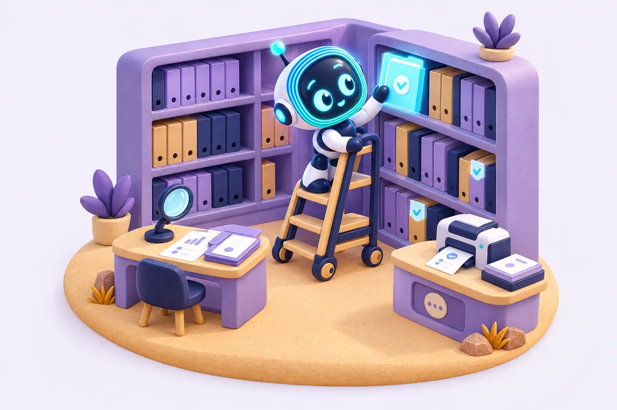 Isometric 3D diorama of a tiny records room where O-bot on a ladder pulls a glowing folder from a high shelf.