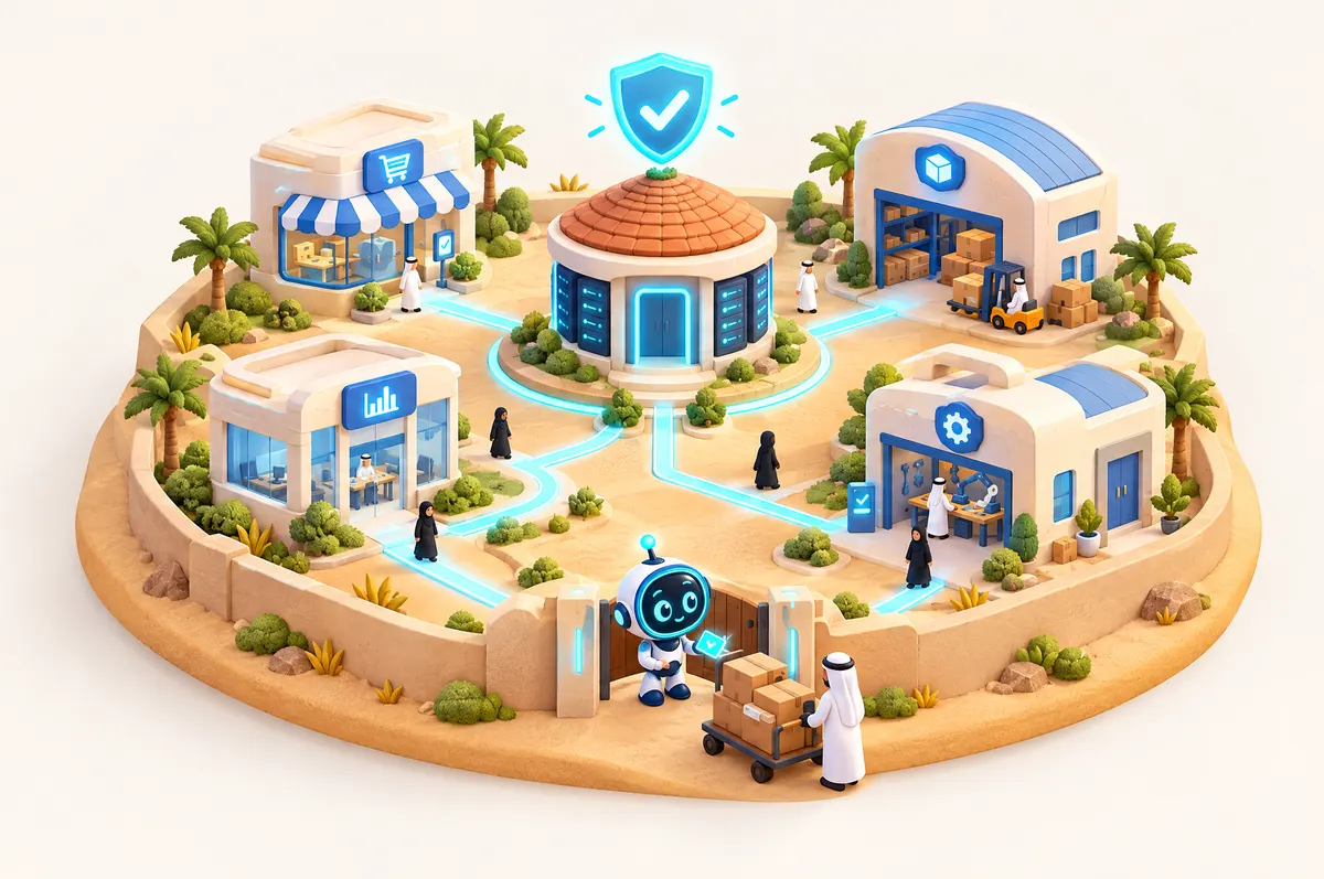 Isometric 3D diorama of a walled company campus whose paths lead to one server pavilion, with O-bot guarding the gate.