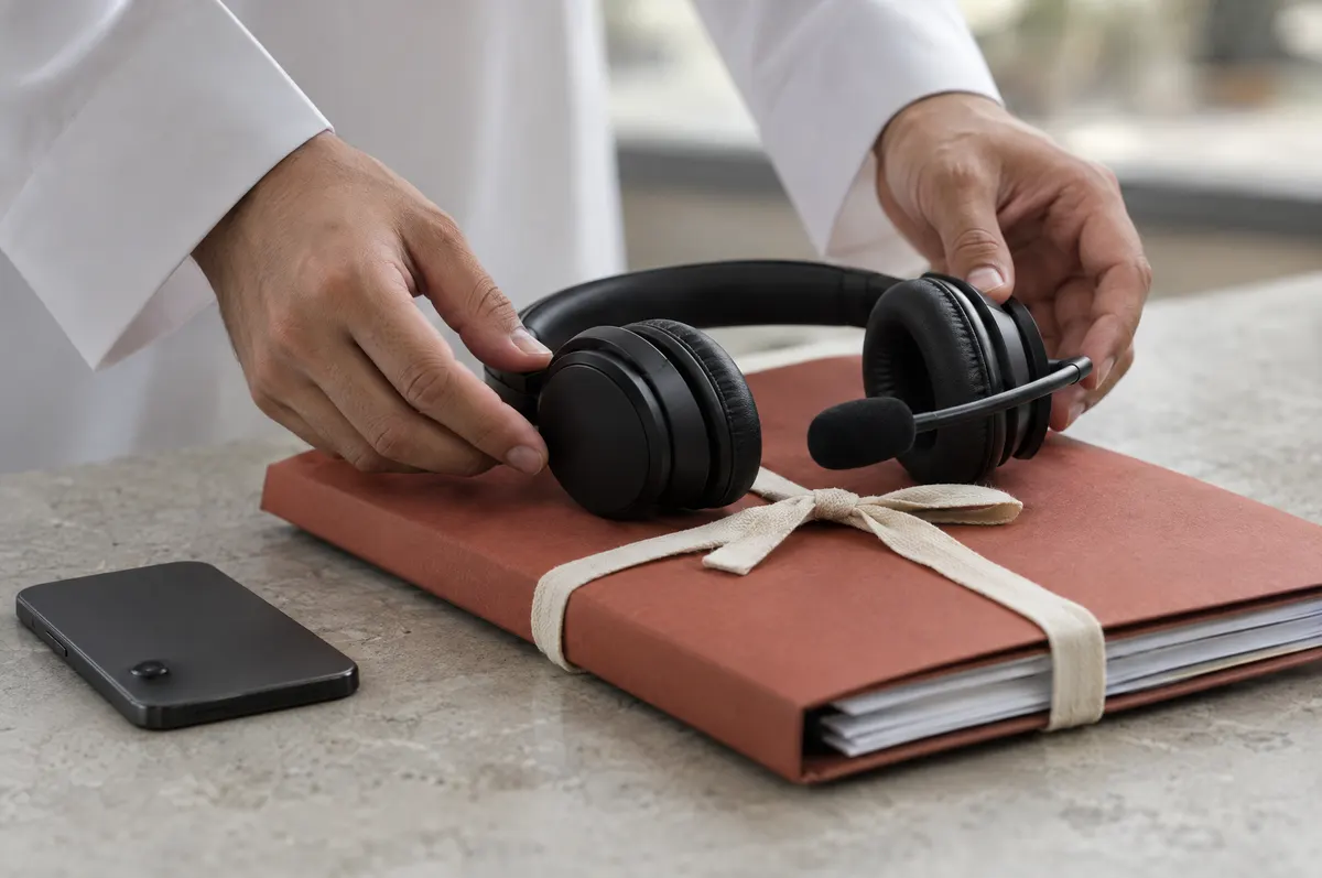 Close-up of hands in white thobe sleeves setting a headset on a ribbon-tied case folder, a phone face down beside it.