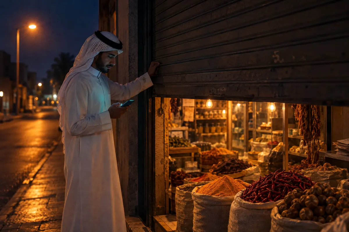 A shop owner in a thobe reads his phone beside the half-closed shutter of a spice shop glowing warm at night.