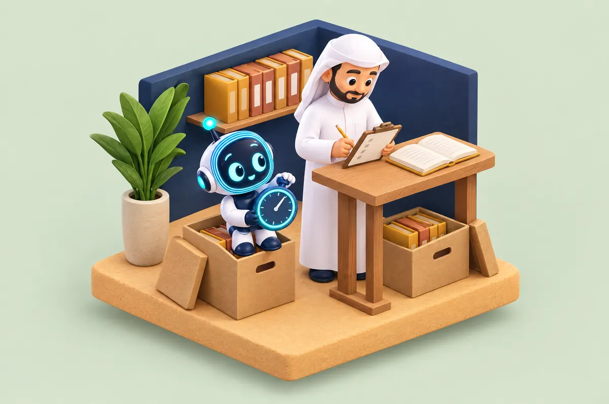 Isometric cartoon: O-bot holds a stopwatch on an archive box while a bearded Saudi man notes times on a clipboard.