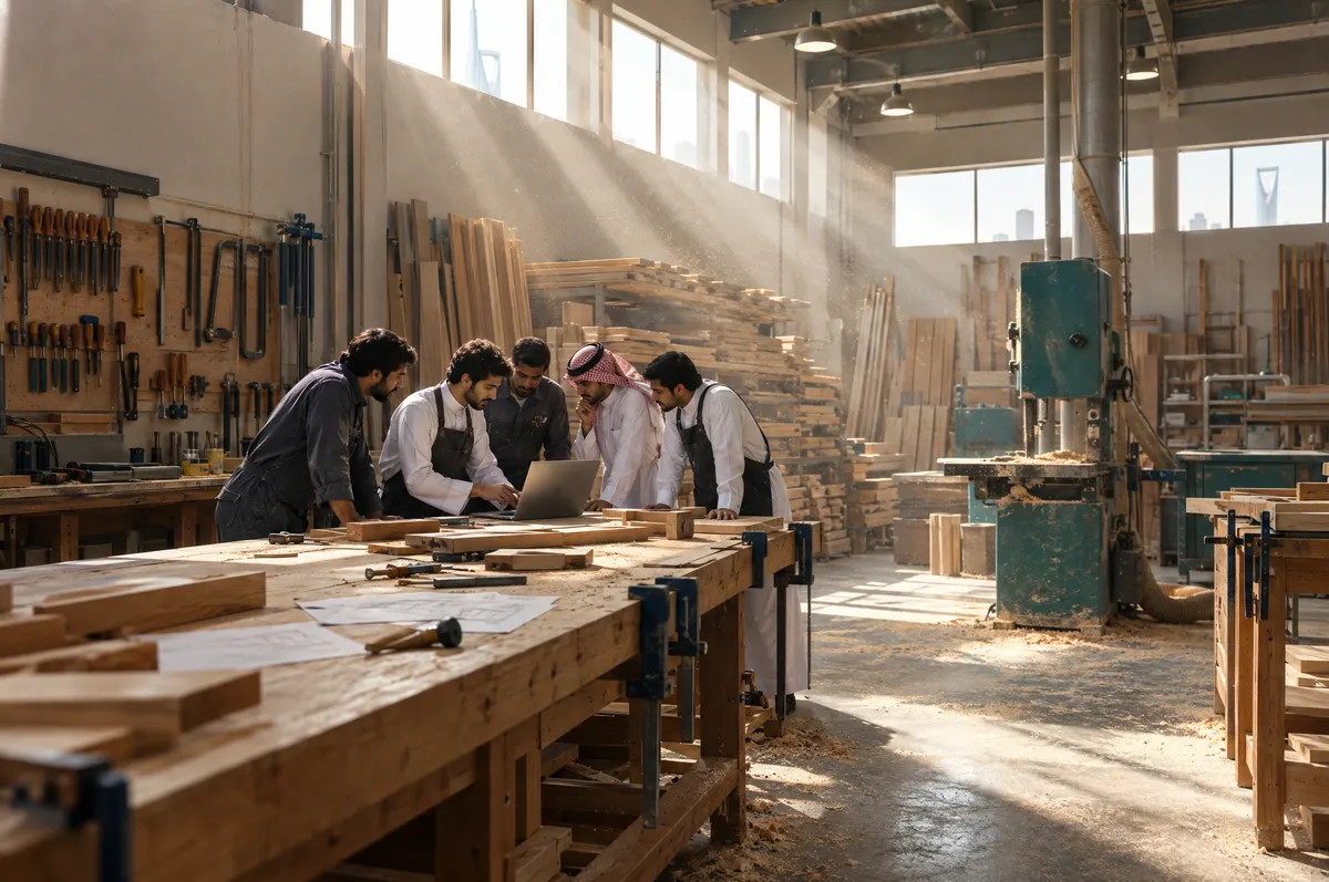 Wide view of a furniture workshop where a young employee in a thobe shows a laptop to colleagues at a workbench.