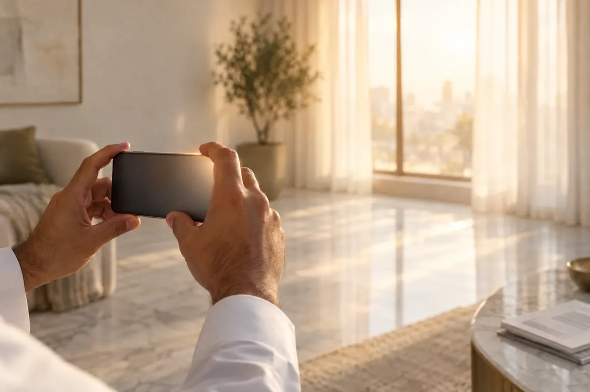 Close-up of hands in thobe cuffs holding up a phone to photograph a sunlit living room with a marble floor.
