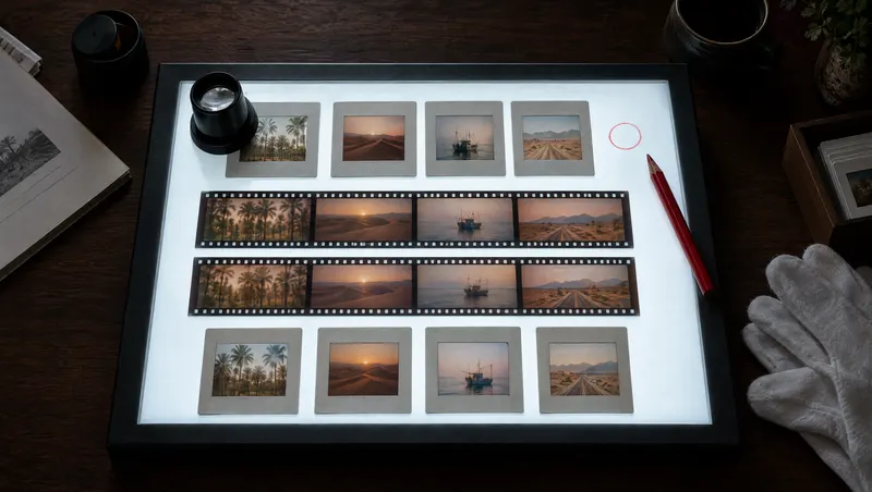 Top-down view of a glowing lightbox covered in colour slides and film strips, with a loupe and a red grease pencil.