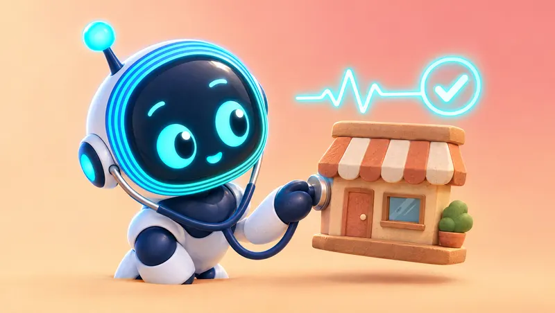 3D cartoon: O-bot holds a stethoscope to a small floating shop model as a cyan pulse line ends in a check mark.