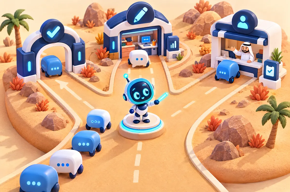 3D cartoon: O-bot directs chat-bubble cars into three lanes: a check-mark arch, a pencil workshop and a staff member.