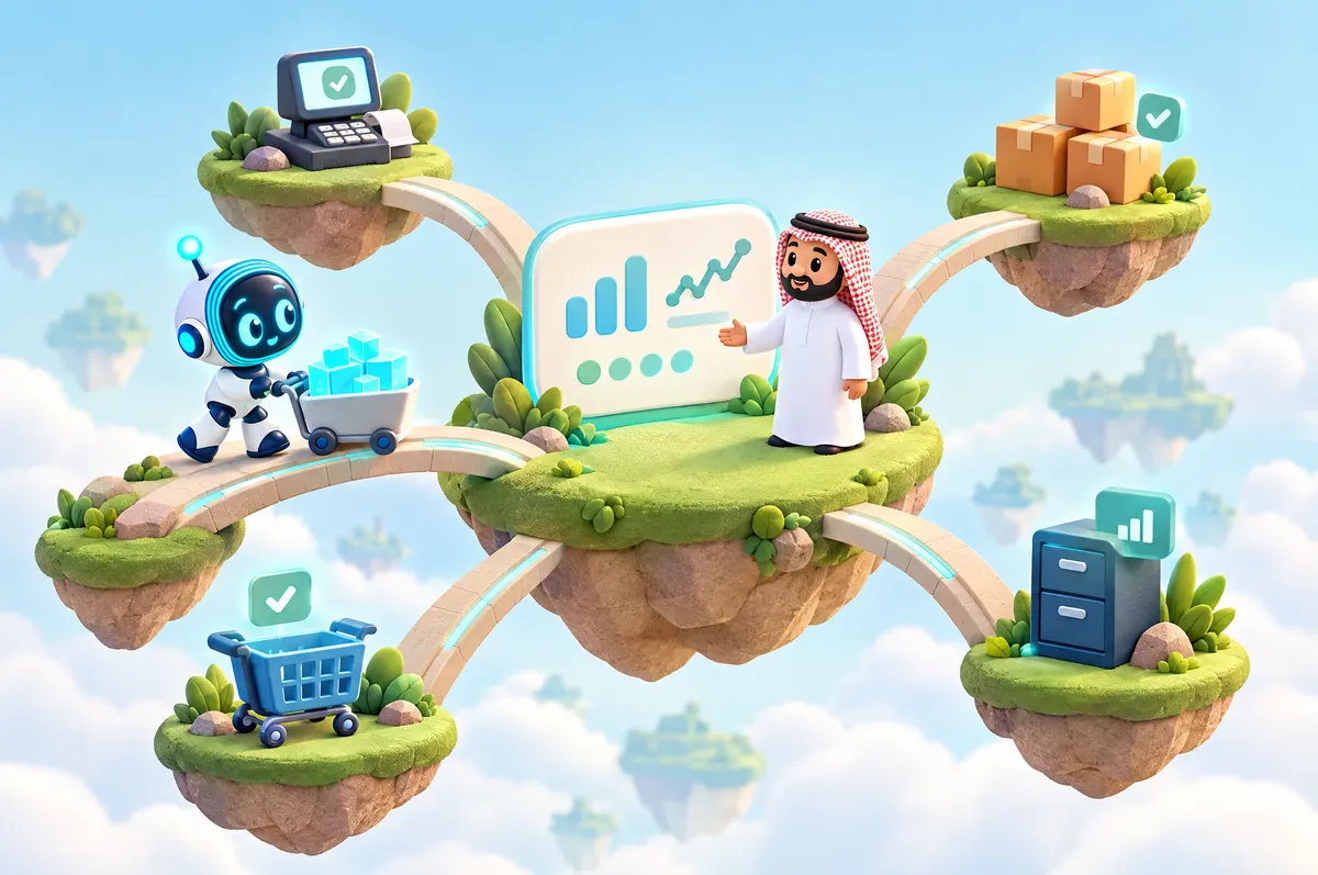 رسم ثلاثي الأبعاد: O-bot يدفع عربة مكعبات مضيئة عبر جسور من جزر صغيرة إلى جزيرة وسطى عليها لوحة رسوم بيانية.