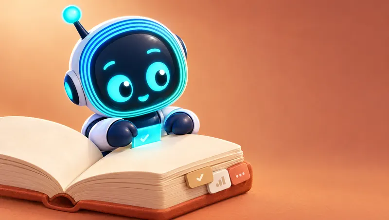 3D cartoon: O-bot slides a glowing cyan bookmark into a thick open rulebook with blank pages and coloured tabs.