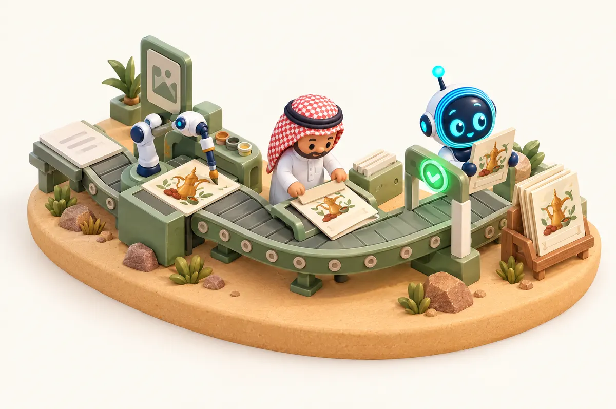 مجسم ثلاثي الأبعاد: ملصق يتنقل على سير من الموجز إلى الصورة المرسومة ثم الكتابة اليدوية ثم فحص O-bot.