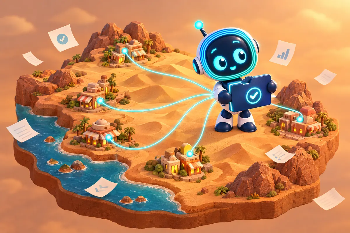 3D cartoon: O-bot on a clay relief map holding one folder linked by glowing threads to shops in many towns.