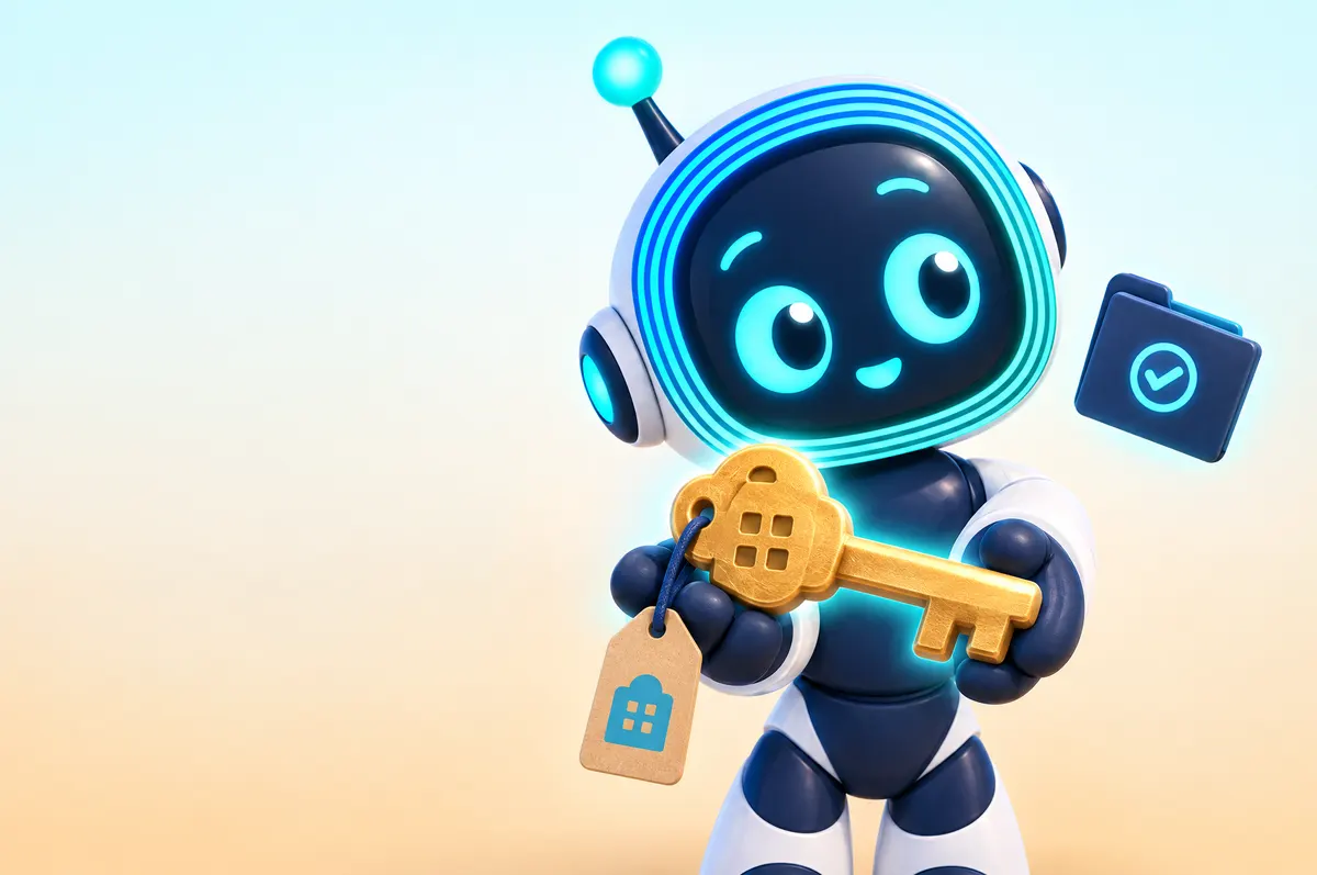 Cartoon: O-bot holds out a golden key with a building-icon tag, beside a floating navy folder marked with a check.