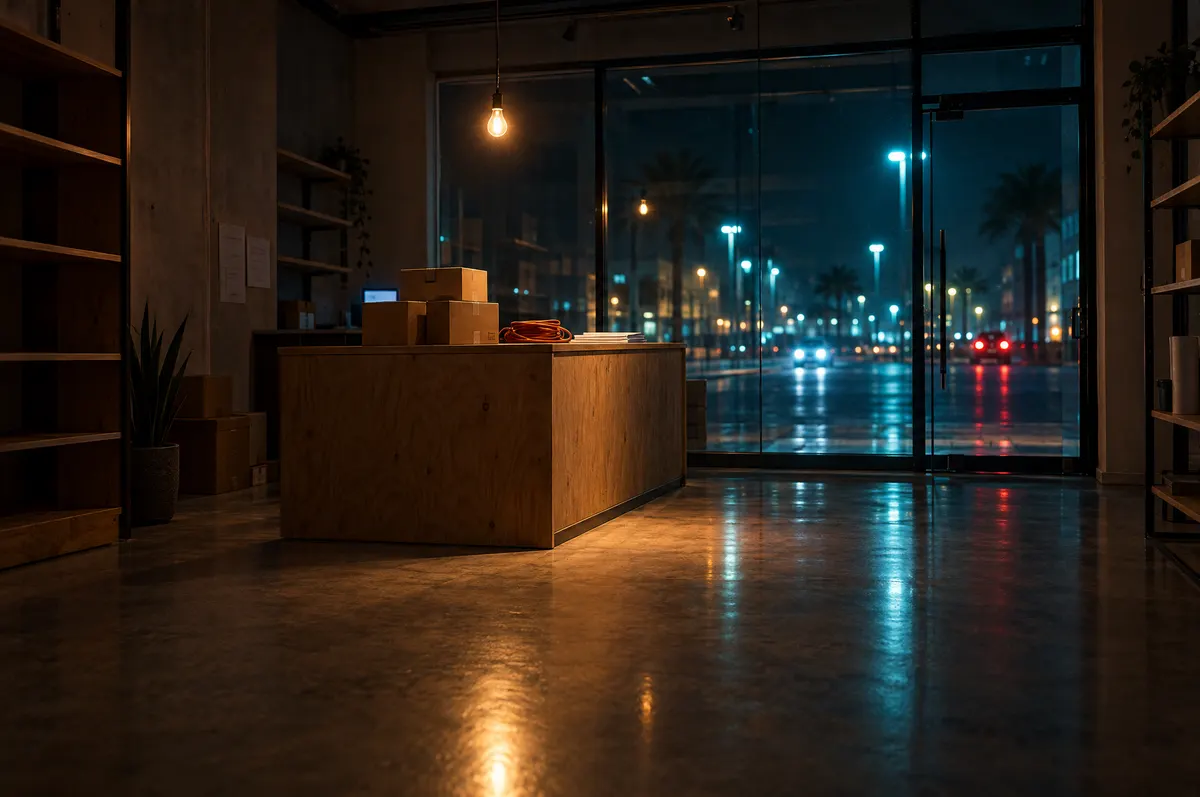Empty small shop at night with a bare bulb over a counter and boxes, and street lights reflected in the glass front.