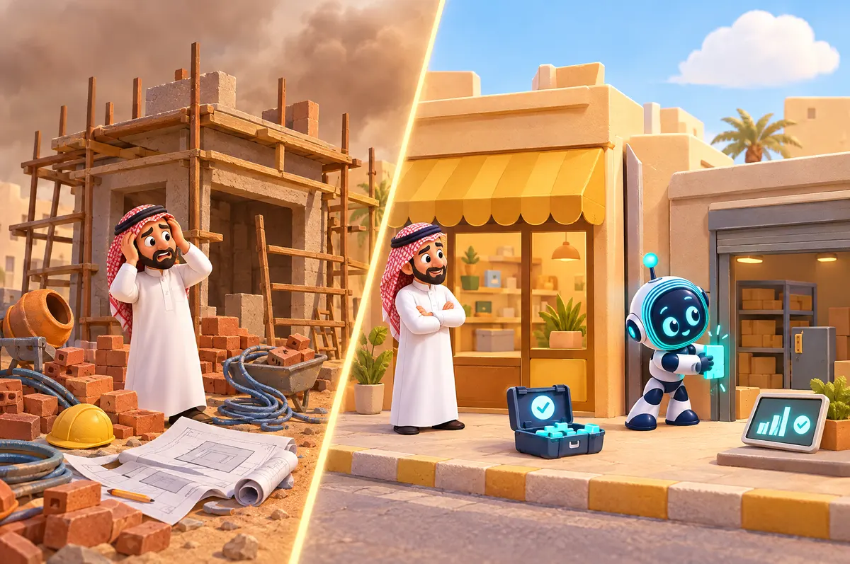 3D cartoon split scene: a shop owner at a half-built shop, then O-bot linking a finished shopfront to a small warehouse.