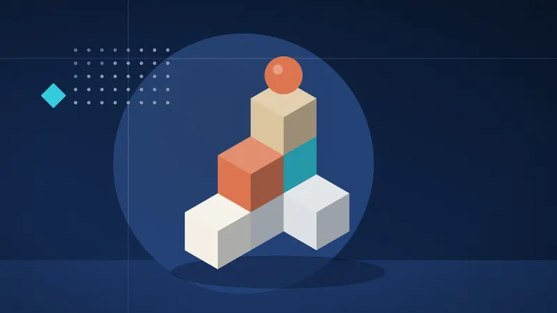 Abstract navy composition of cubes stacked in steps of different heights, topped by an orange sphere