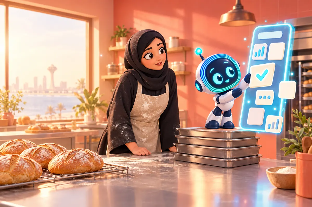 رسم ثلاثي الأبعاد: O-bot يركّب هاتفًا عائمًا من بلاطات مضيئة لخبّازة سعودية بعباءة في مطبخ مخبزها.