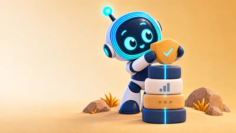 3D cartoon: O-bot places a shield-shaped block on top of a stack of clay blocks lit by a thin cyan line.
