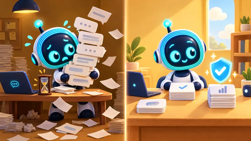 رسم ثلاثي الأبعاد بمشهدين: O-bot غارق في فقاعات المحادثة يسارًا، وهادئ على مكتب مرتب بجانب درع يمينًا.