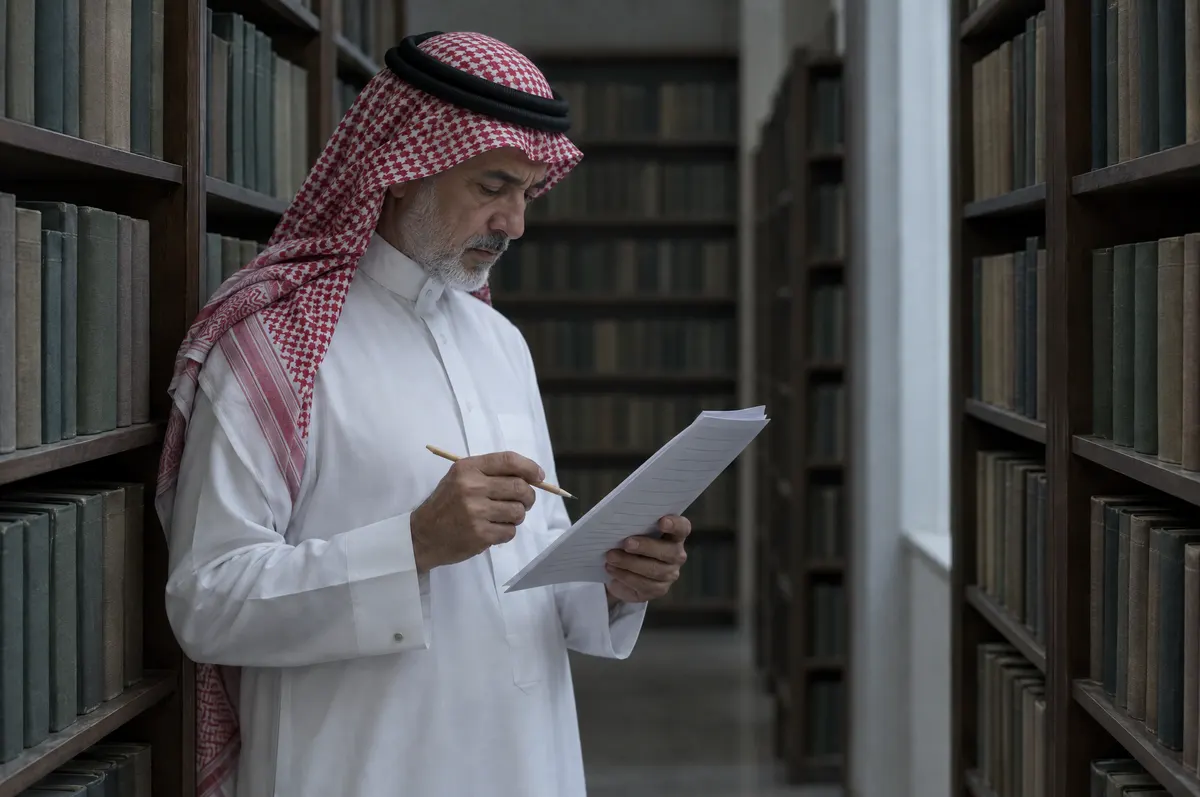 رجل سعودي كبير السن بشماغ أحمر وأبيض يقف بين رفوف مكتبة ويقرأ مسودة مطبوعة وفي يده قلم رصاص.