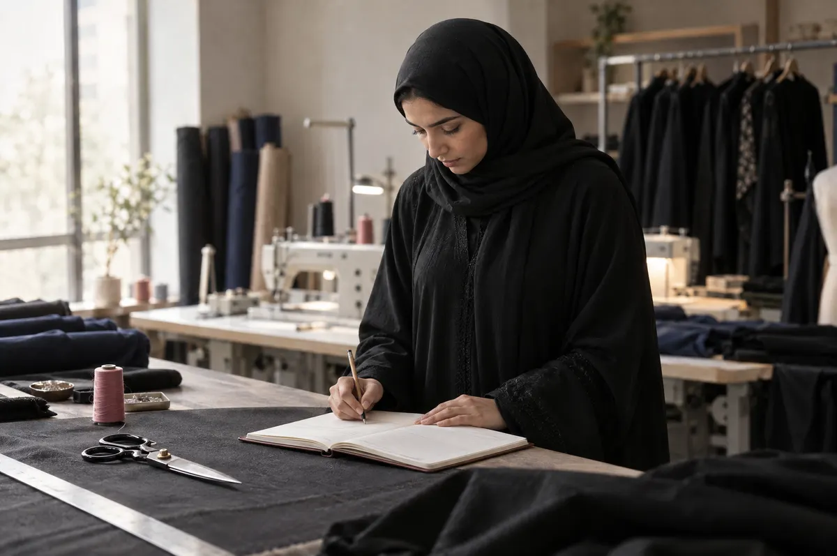 A Saudi woman in an abaya and hijab marks a date in a paper diary at the cutting table of a small tailoring workshop.