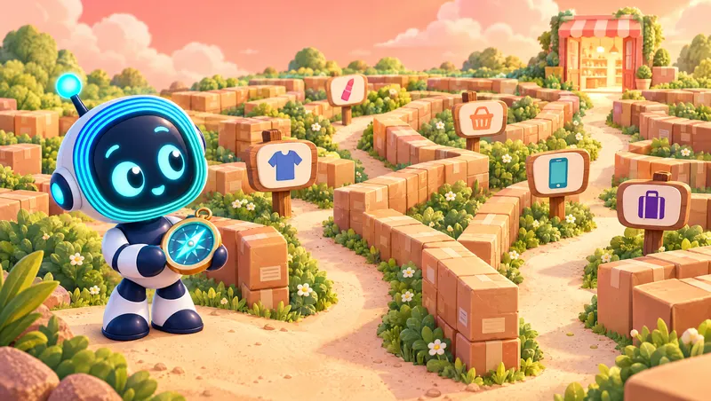 3D cartoon: O-bot with a glowing compass at the entrance of a maze of parcel boxes with signposts showing product icons.