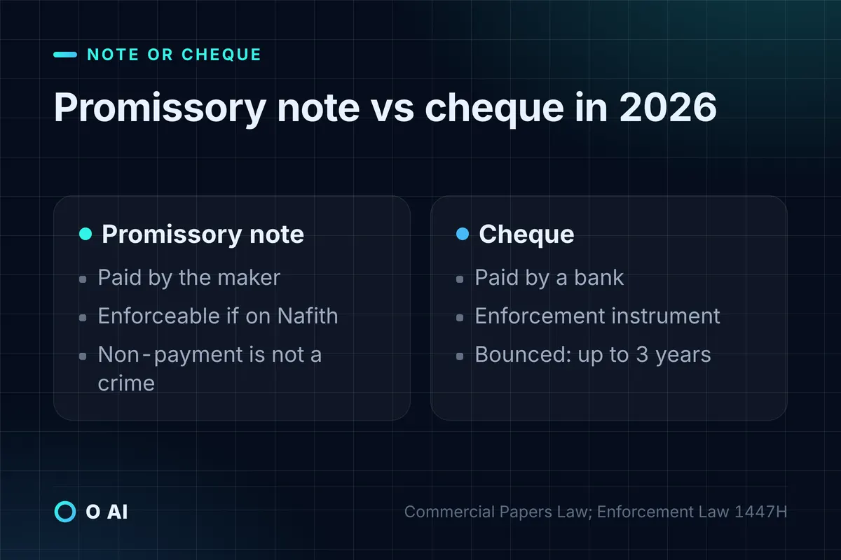Card: promissory note paid by the maker and enforceable if on Nafith; cheque paid by a bank, bounced up to 3 years.