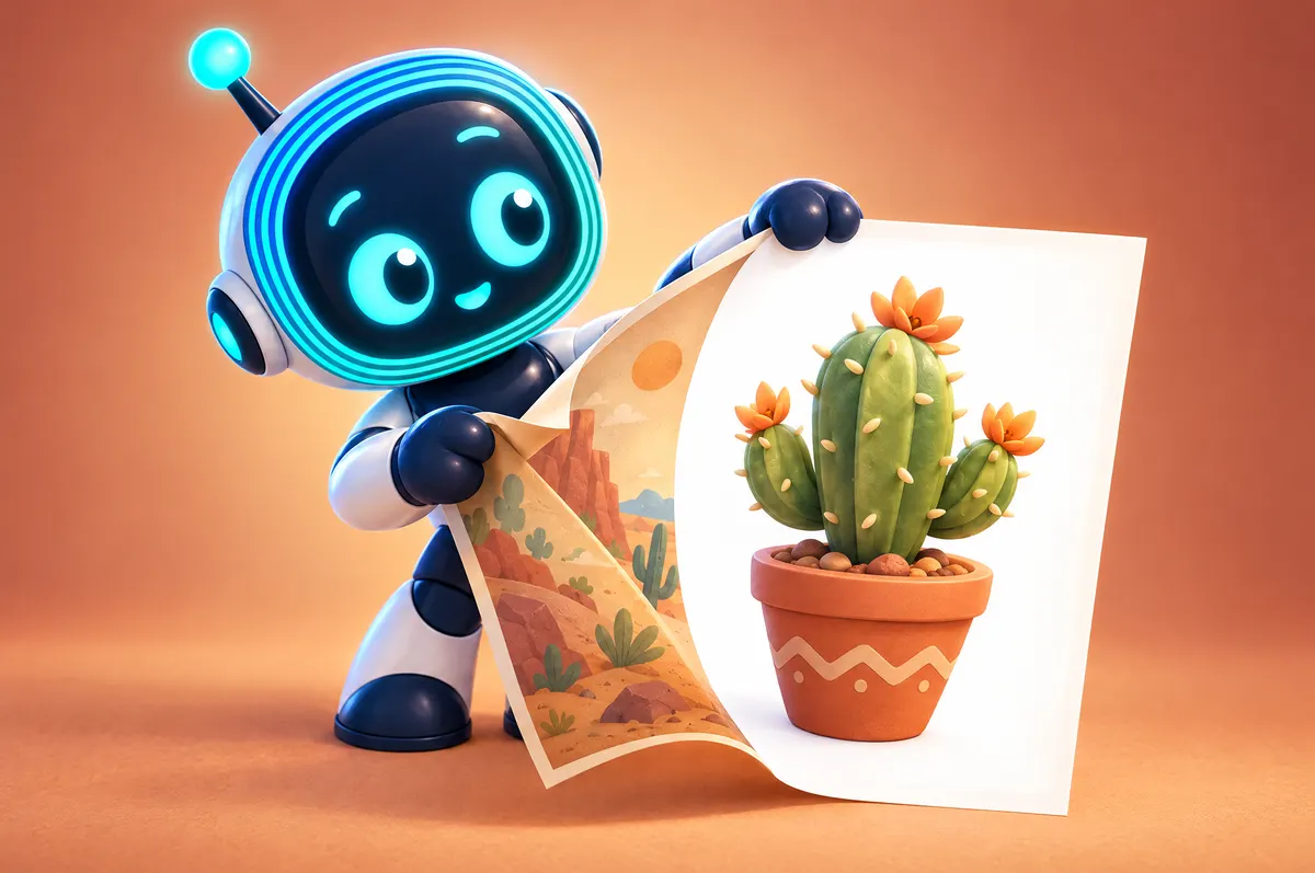 3D cartoon: O-bot peels the busy background off a printed photo of a potted plant, leaving it on clean white.