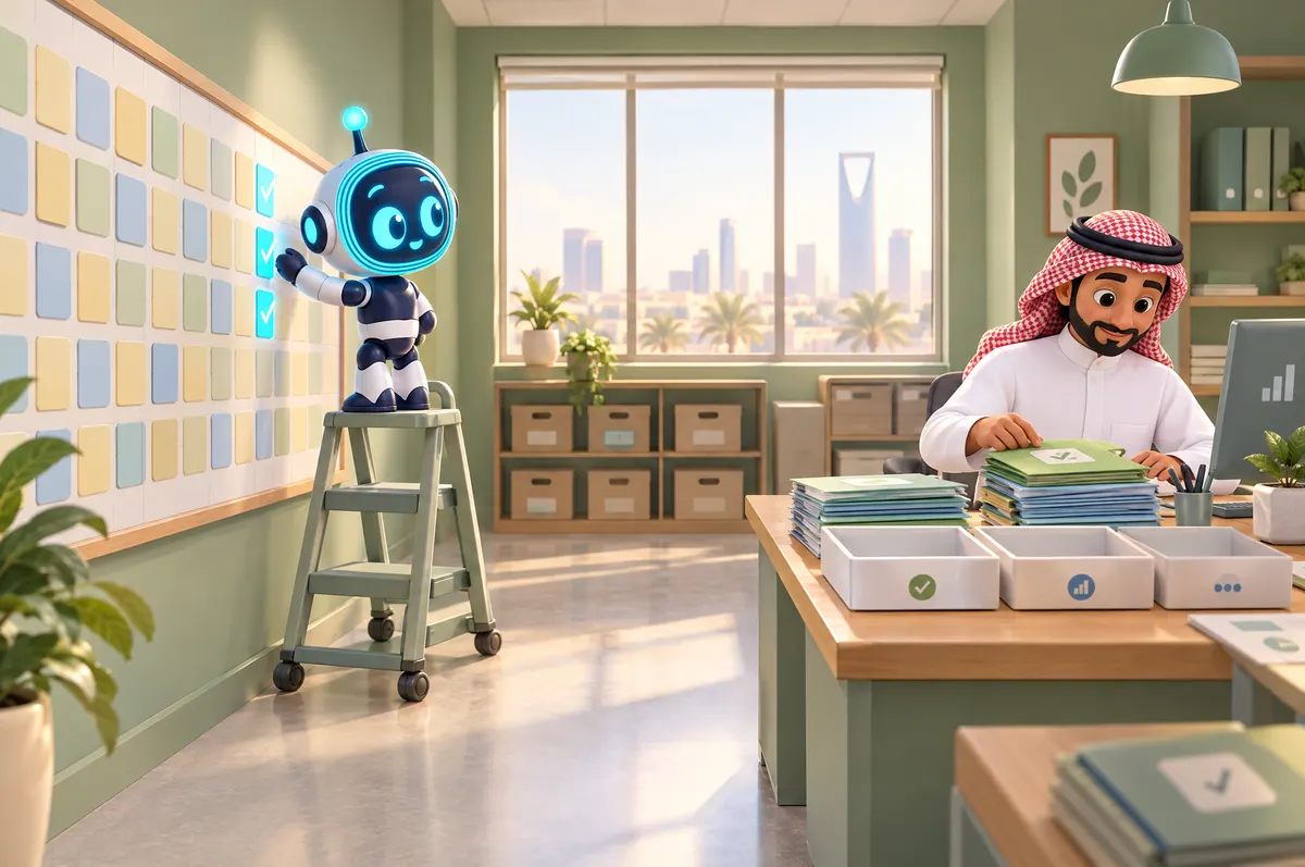 3D cartoon: O-bot pins cyan markers on a blank wall planner while a Saudi accountant in a shemagh sorts folders.
