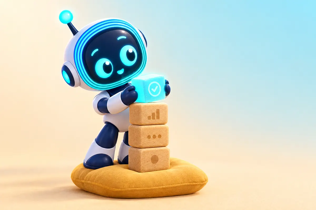 3D cartoon: O-bot lifts a small glowing block off the top of a neat stack of sand-coloured blocks.