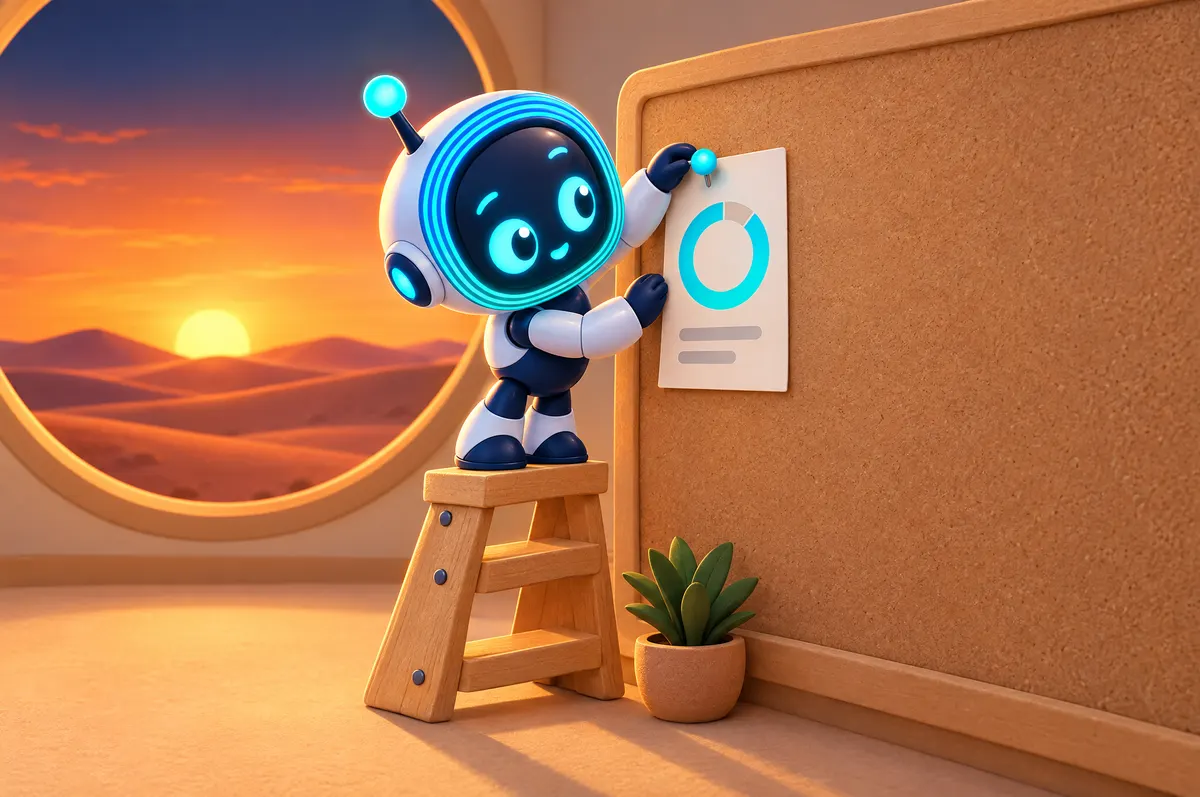 Cartoon: O-bot on a step stool pins a card with a countdown ring to a cork board beside a window showing a desert sunset.