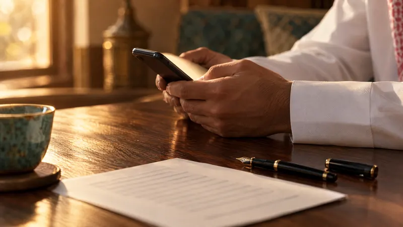 Close-up of a Saudi man's hands with a white thobe cuff holding a glowing phone beside a printed letter and a pen.