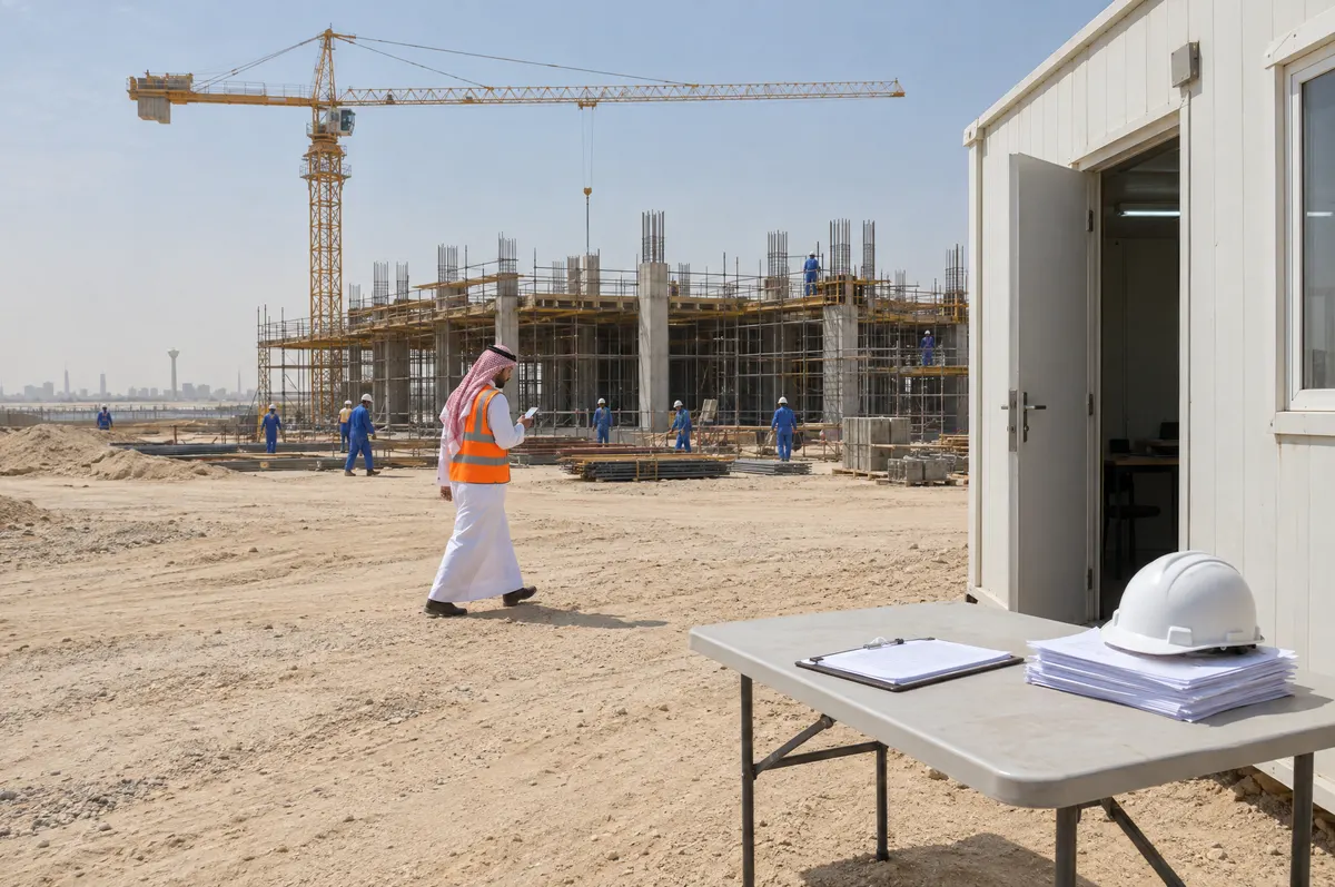 موقع إنشاء يسير فيه مشرف بثوب وشماغ وسترة برتقالية وينظر إلى هاتفه قرب مكتب الموقع، وعلى طاولة تقارير ورقية وخوذة