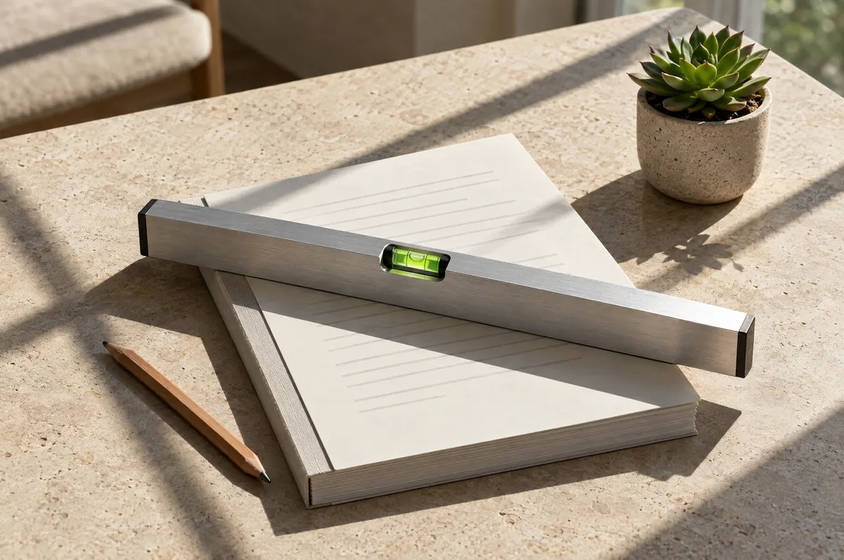 Still life: an unmarked spirit level with a centred bubble rests on a bound contract on a sunlit limestone table.