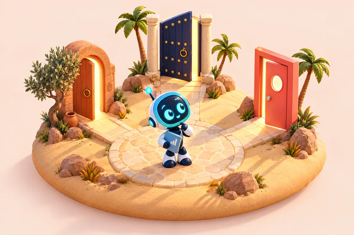 Isometric 3D diorama: O-bot holds a folder on a small plaza facing three different doors, each slightly open.