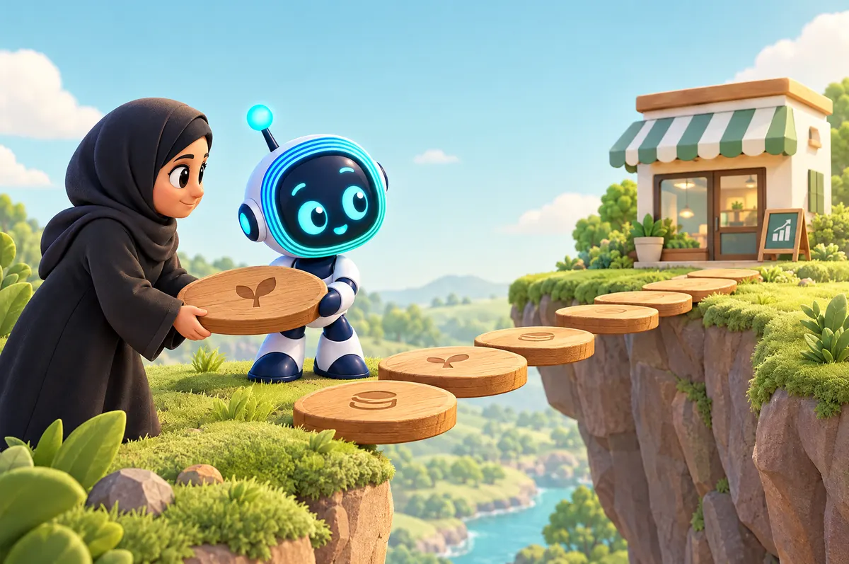 3D cartoon: O-bot lays coin-shaped planks across a gap toward a shop while a Saudi woman in an abaya holds the next plank.